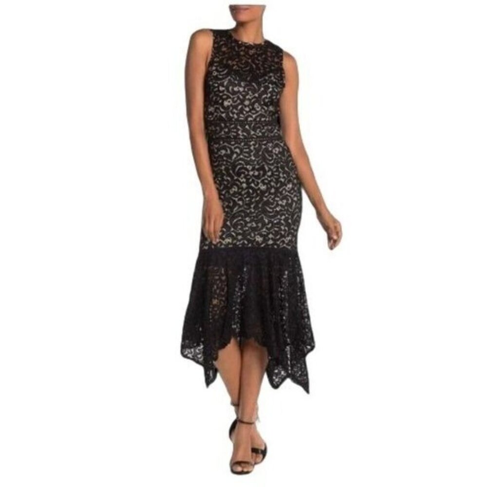 Bodycon Women Sleeveless Lace Handkerchief Hem Midi Dress by ONE ONE SIX XS